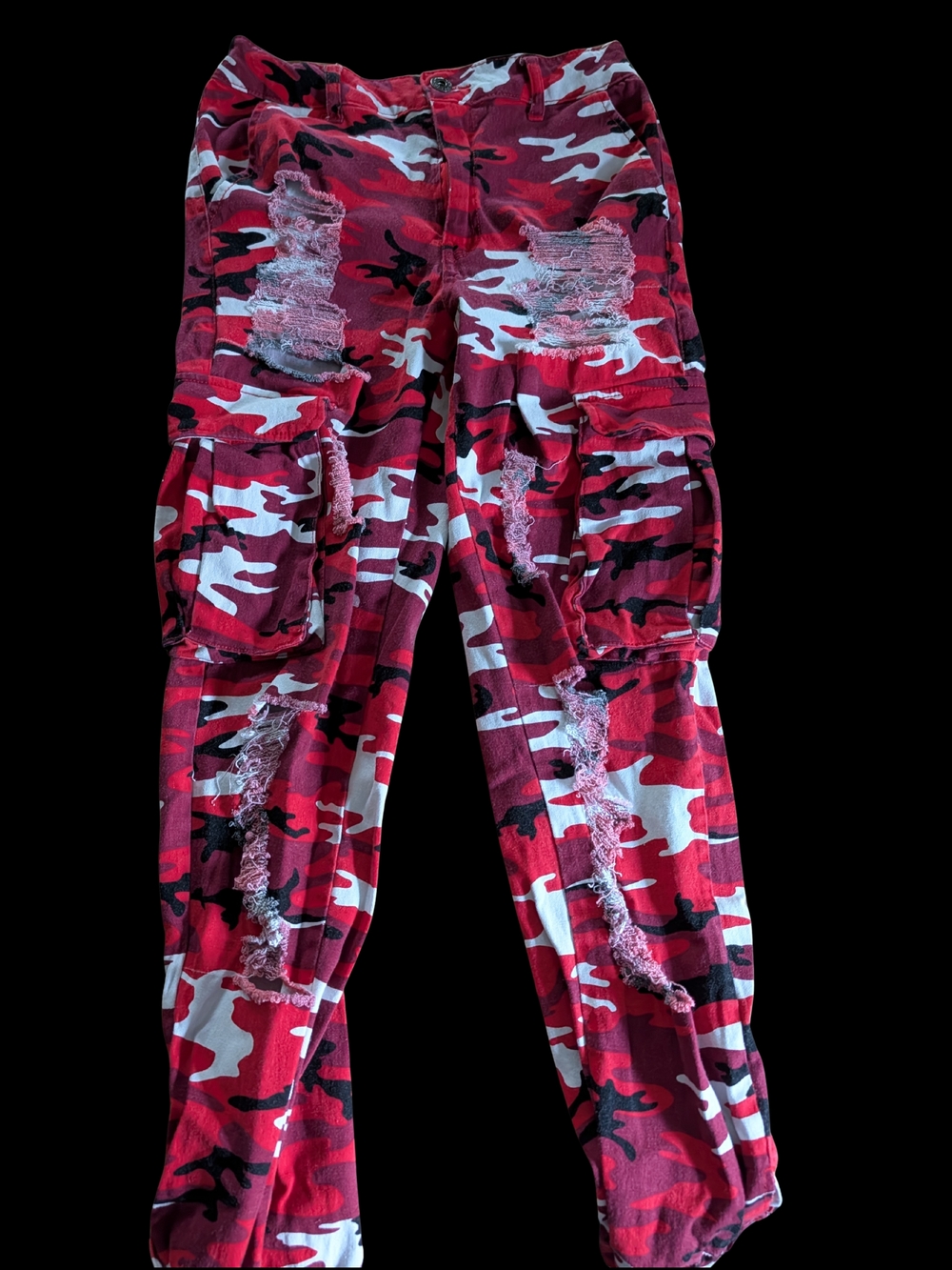 Red Camo Distressed Cargo Ankle Pants
